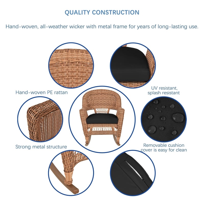 Jeco Wicker Rocker Chair in Honey with Black Cushion (Set of 2)