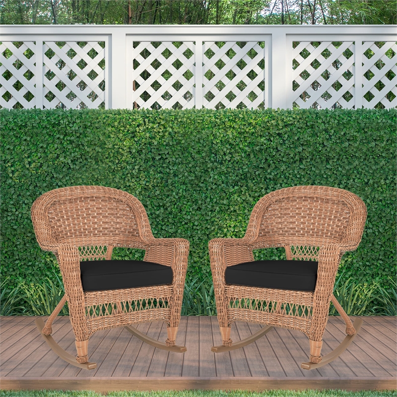 Jeco Wicker Rocker Chair in Honey with Black Cushion (Set of 2)
