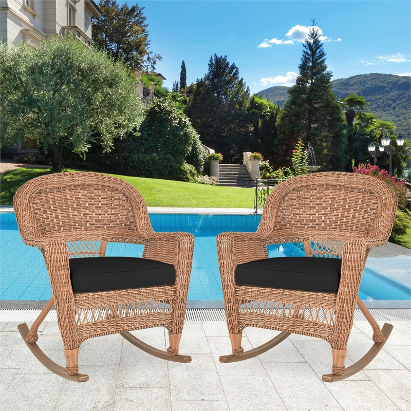 Jeco Wicker Rocker Chair in Honey with Black Cushion (Set of 2)