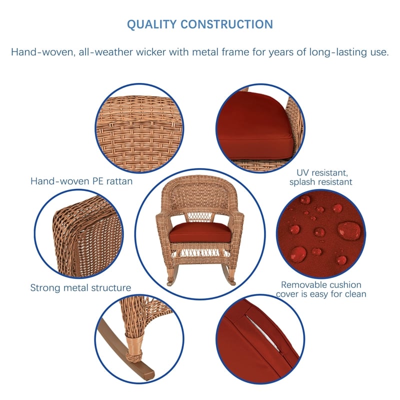 Jeco Wicker Rocker Chair in Honey with Red Cushion (Set of 2)