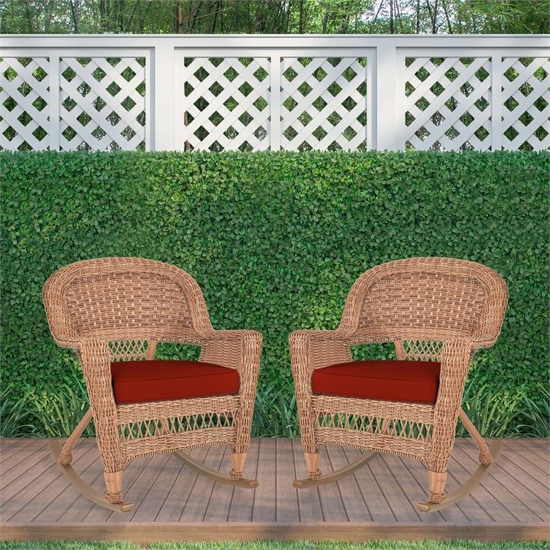 Jeco Wicker Rocker Chair in Honey with Red Cushion (Set of 2)