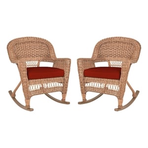 Jeco Wicker Rocker Chair in Honey with Red Cushion (Set of 2)