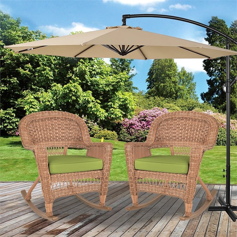 Jeco Wicker Rocker Chair in Honey with Green Cushion (Set of 2)