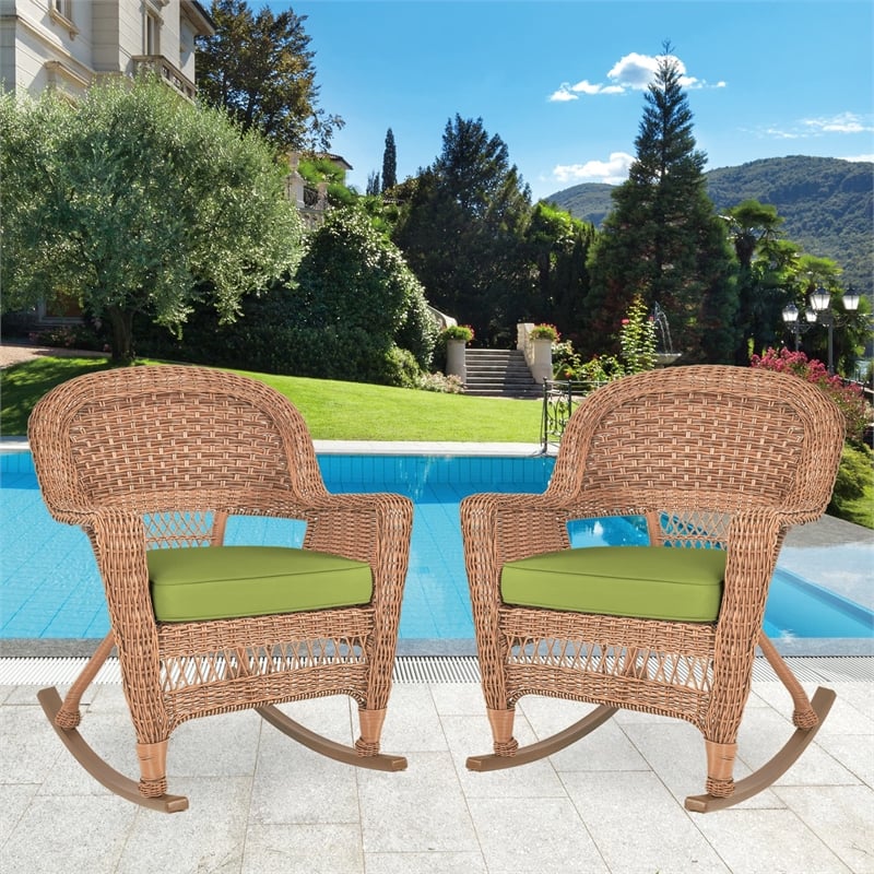 Jeco Wicker Rocker Chair in Honey with Green Cushion (Set of 2)