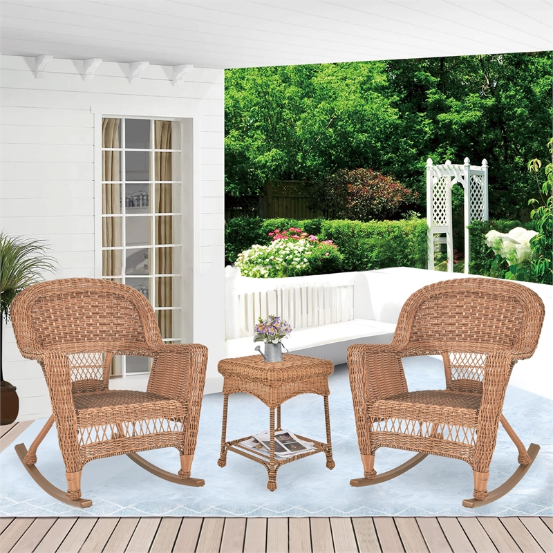 Jeco 3 Piece Resin Wicker Outdoor Patio Rocker Chair Set in Honey