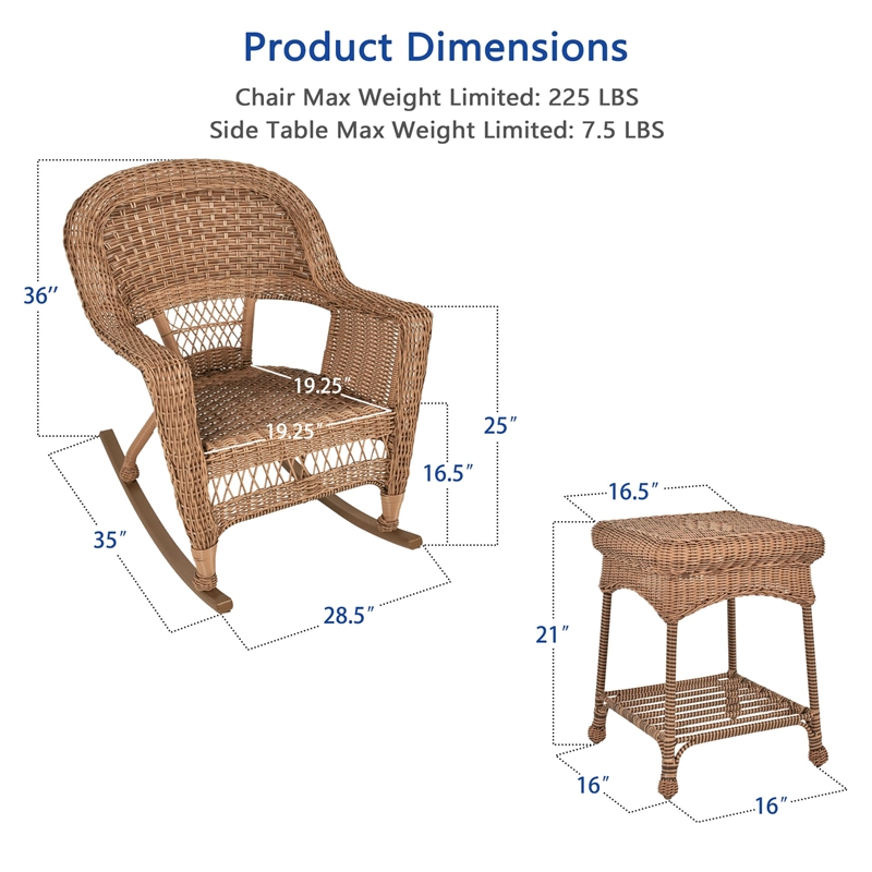 Jeco 3 Piece Resin Wicker Outdoor Patio Rocker Chair Set in Honey