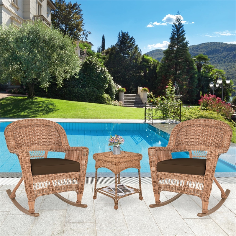 Jeco 3pc Wicker Rocker Chair Set in Honey with Brown Cushion