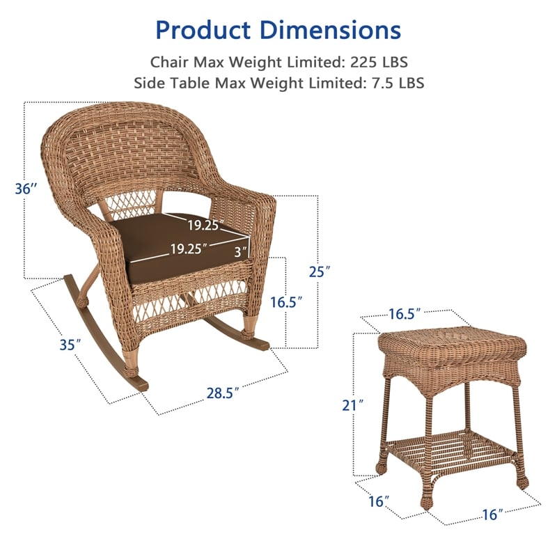 Jeco 3pc Wicker Rocker Chair Set in Honey with Brown Cushion