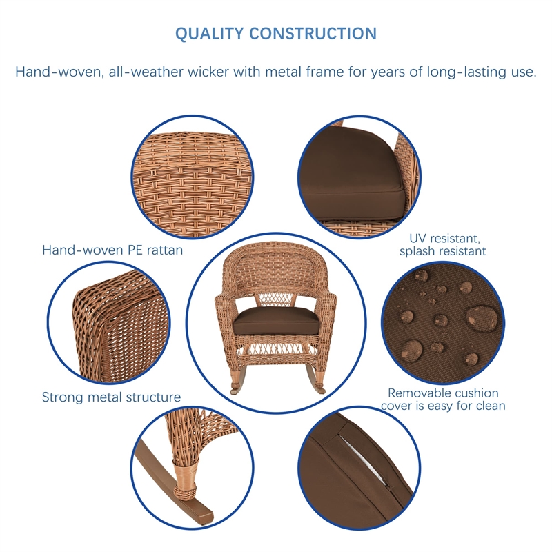 Jeco 3pc Wicker Rocker Chair Set in Honey with Brown Cushion