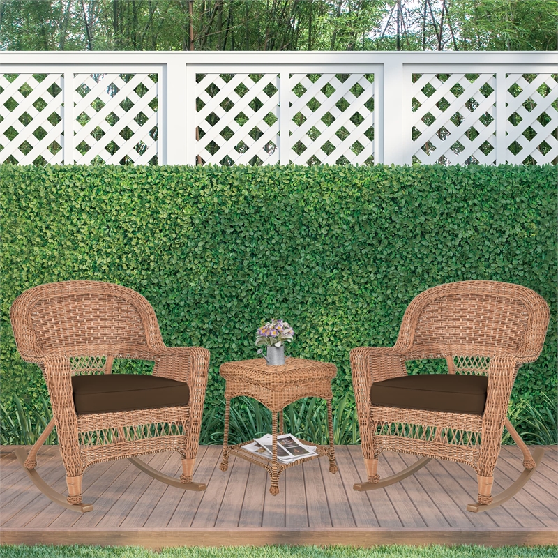 Jeco 3pc Wicker Rocker Chair Set in Honey with Brown Cushion