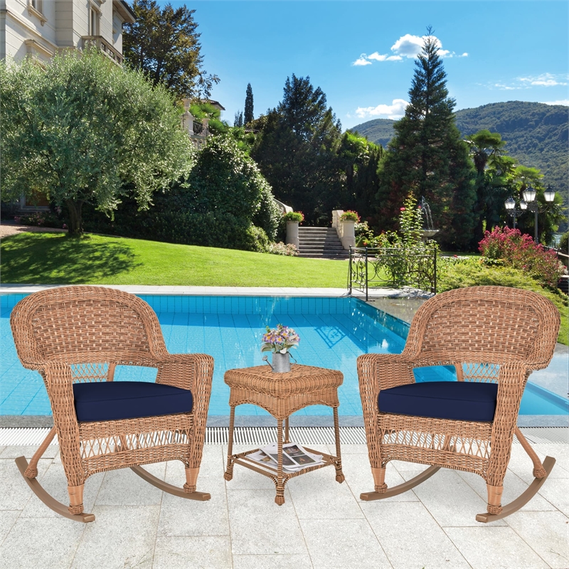 Jeco 3pc Wicker Rocker Chair Set in Honey with Blue Cushion