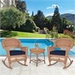 Jeco 3pc Wicker Rocker Chair Set in Honey with Blue Cushion