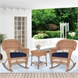 Jeco 3pc Wicker Rocker Chair Set in Honey with Blue Cushion