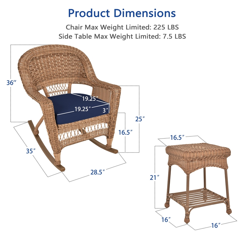 Jeco 3pc Wicker Rocker Chair Set in Honey with Blue Cushion