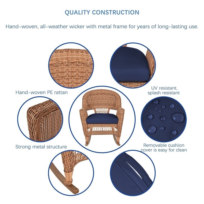 Jeco 3pc Wicker Rocker Chair Set in Honey with Blue Cushion