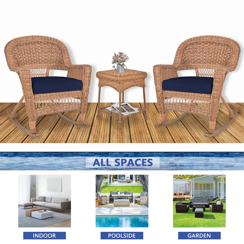 Jeco 3pc Wicker Rocker Chair Set in Honey with Blue Cushion