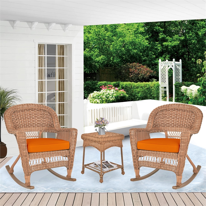 Jeco 3pc Wicker Rocker Chair Set in Honey with Orange Cushion