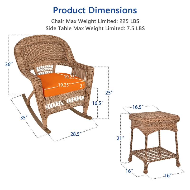 Jeco 3pc Wicker Rocker Chair Set in Honey with Orange Cushion