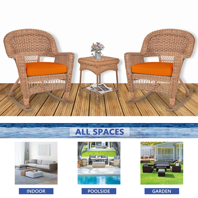 Jeco 3pc Wicker Rocker Chair Set in Honey with Orange Cushion