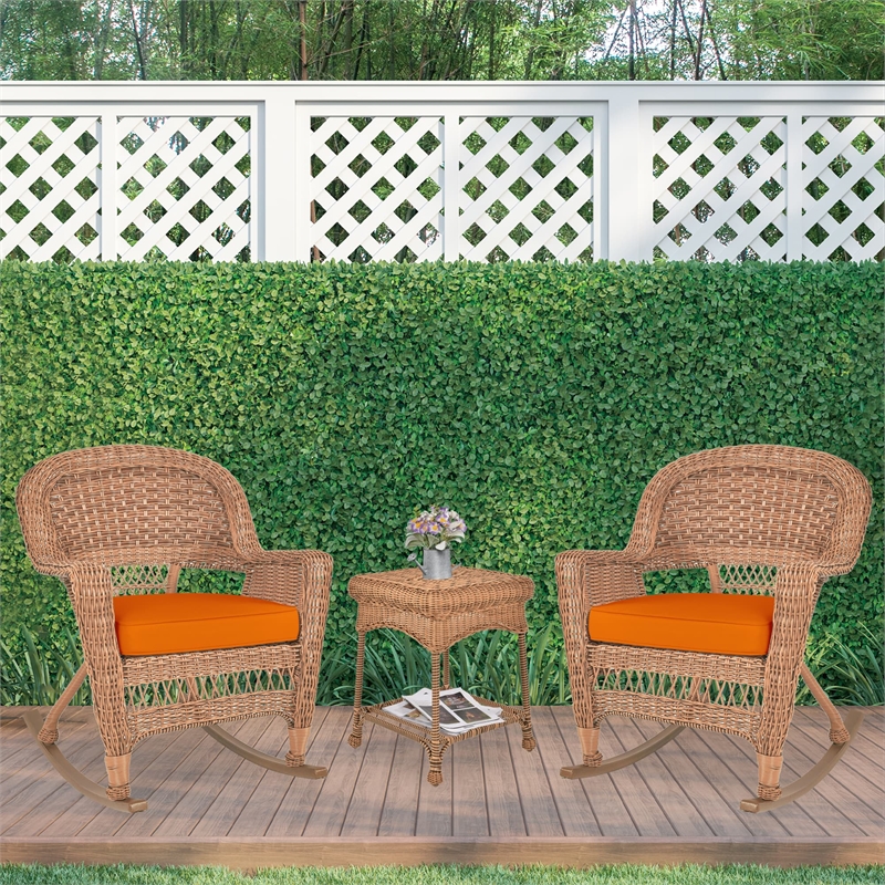 Jeco 3pc Wicker Rocker Chair Set in Honey with Orange Cushion