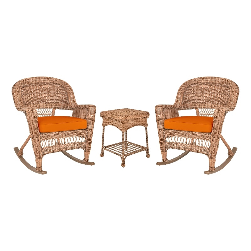 Jeco 3pc Wicker Rocker Chair Set in Honey with Orange Cushion