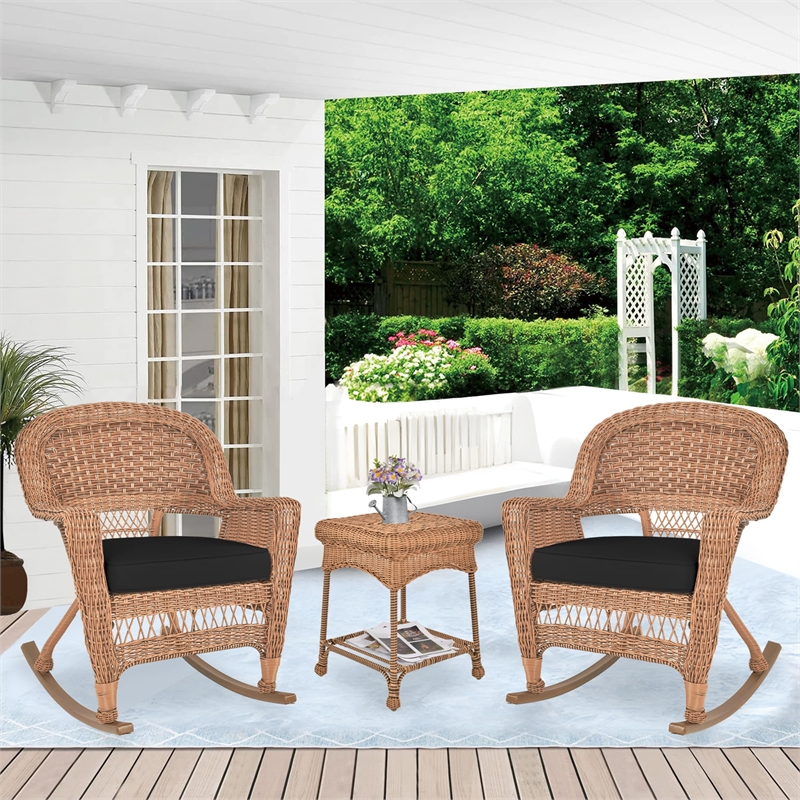Jeco 3pc Wicker Rocker Chair Set in Honey with Black Cushion