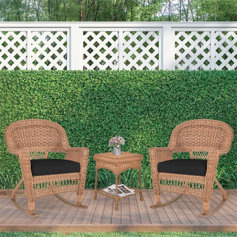Jeco 3pc Wicker Rocker Chair Set in Honey with Black Cushion