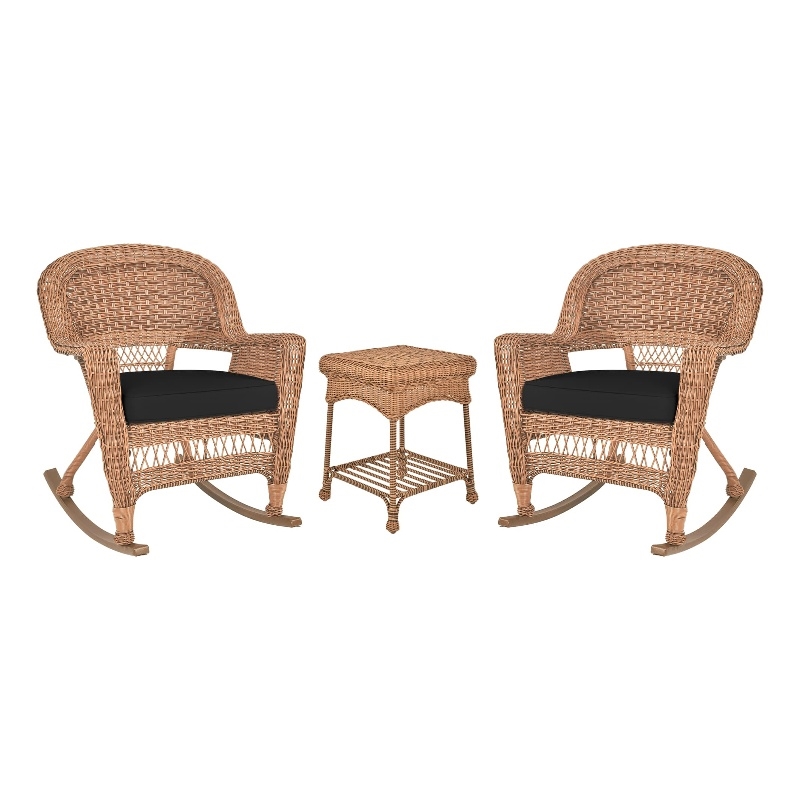Jeco 3pc Wicker Rocker Chair Set in Honey with Black Cushion