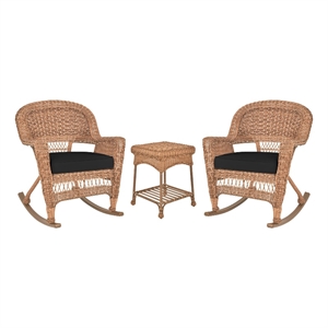 Jeco 3pc Wicker Rocker Chair Set in Honey with Black Cushion