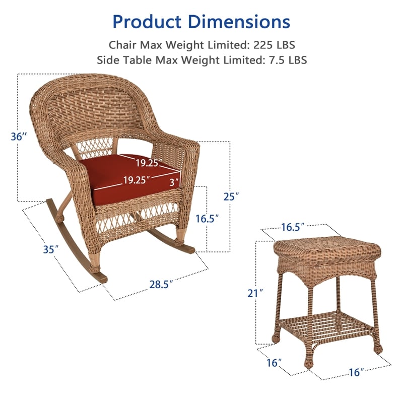 Jeco 3pc Wicker Rocker Chair Set in Honey with Red Cushion