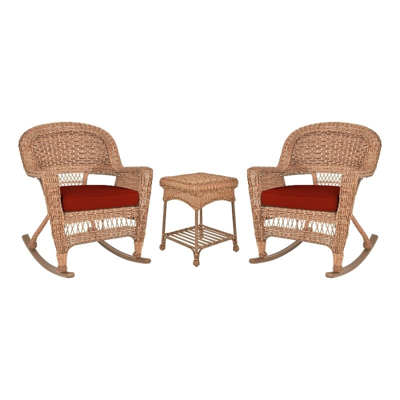 Jeco 3pc Wicker Rocker Chair Set in Honey with Red Cushion