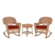 Jeco 3pc Wicker Rocker Chair Set in Honey with Red Cushion