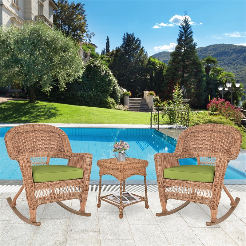Jeco 3pc Wicker Rocker Chair Set in Honey with Green Cushion