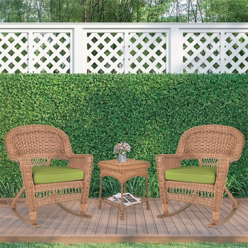 Jeco 3pc Wicker Rocker Chair Set in Honey with Green Cushion