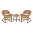 Jeco 3pc Wicker Rocker Chair Set in Honey with Green Cushion