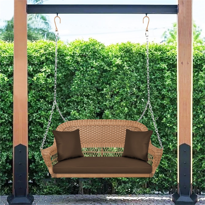 Jeco Honey Resin Wicker Hanging Porch Swing with Cushion in Brown