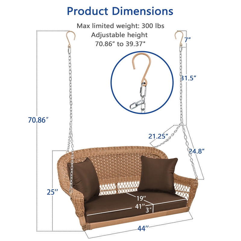 Jeco Honey Resin Wicker Hanging Porch Swing with Cushion in Brown