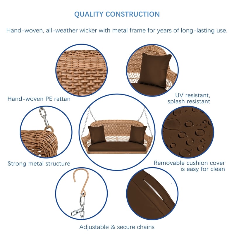 Jeco Honey Resin Wicker Hanging Porch Swing with Cushion in Brown