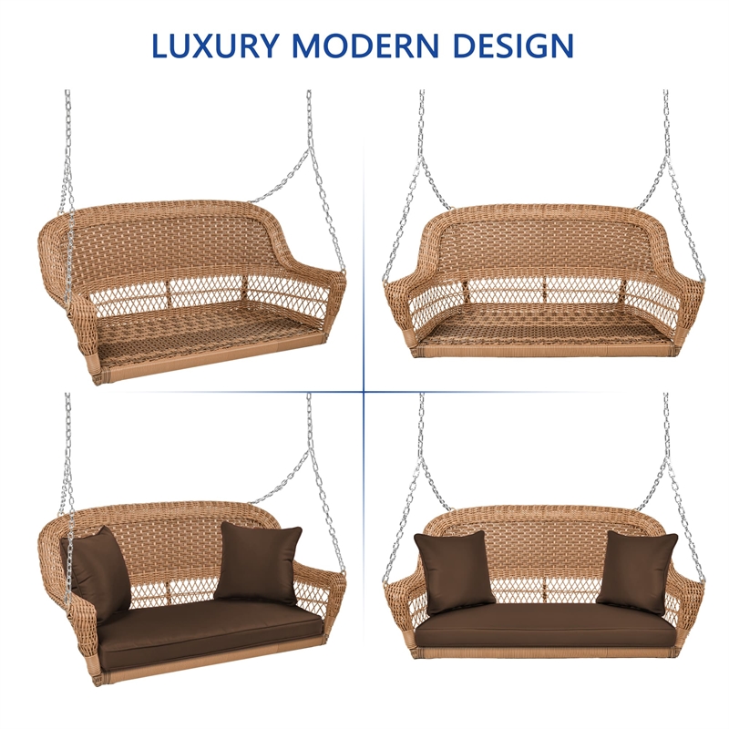 Jeco Honey Resin Wicker Hanging Porch Swing with Cushion in Brown