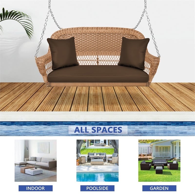 Jeco Honey Resin Wicker Hanging Porch Swing with Cushion in Brown