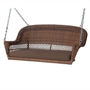 Jeco Honey Resin Wicker Hanging Porch Swing with Cushion in Brown