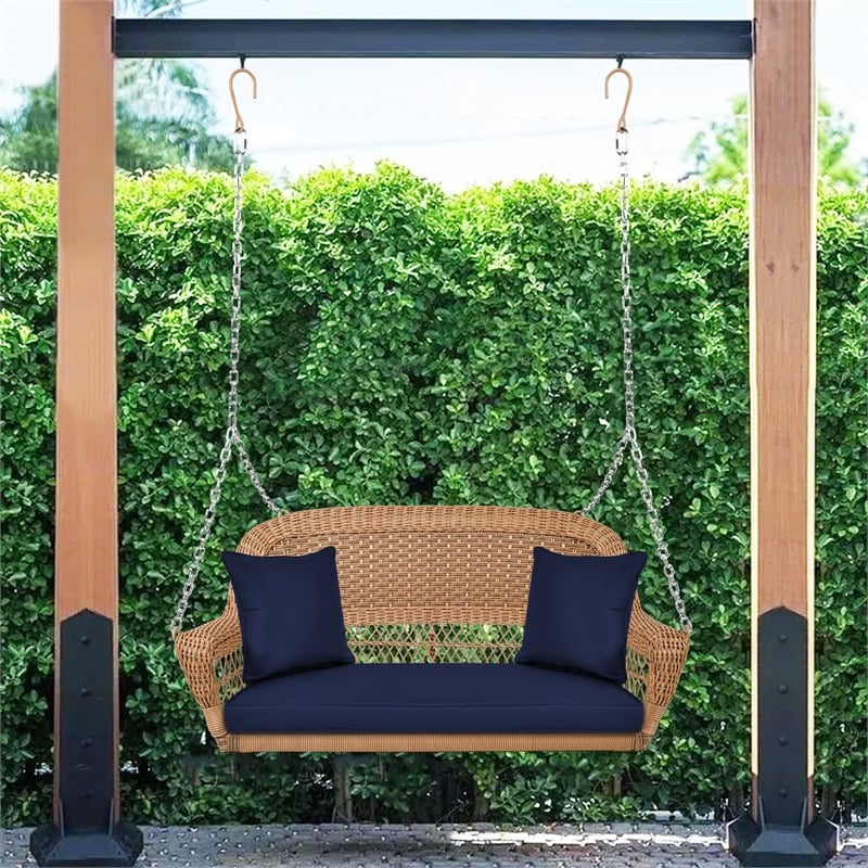 Jeco Honey Resin Wicker Hanging Porch Swing with Cushion in Blue