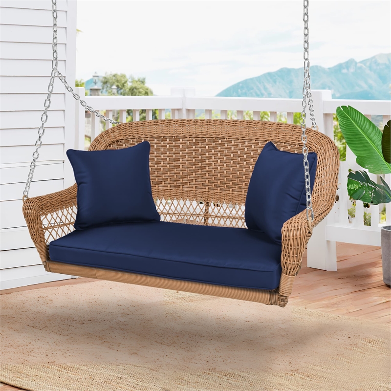 Jeco Honey Resin Wicker Hanging Porch Swing with Cushion in Blue