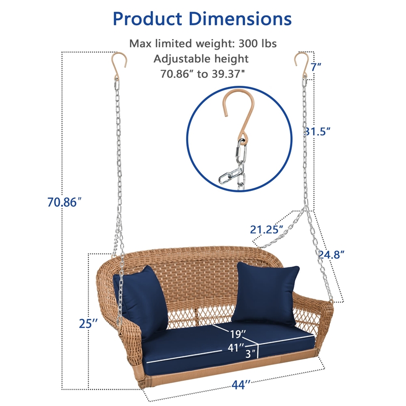 Jeco Honey Resin Wicker Hanging Porch Swing with Cushion in Blue