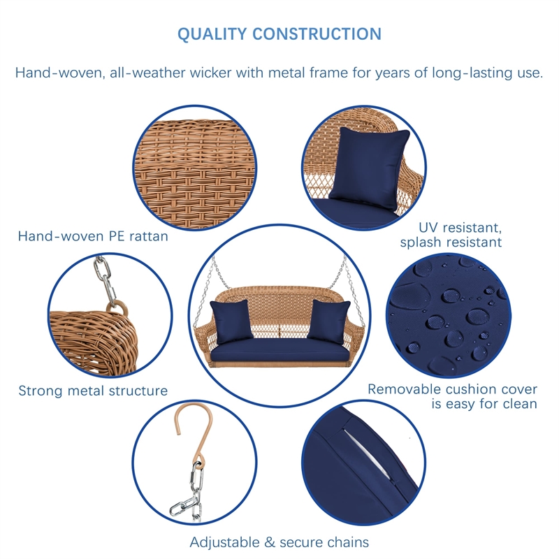 Jeco Honey Resin Wicker Hanging Porch Swing with Cushion in Blue