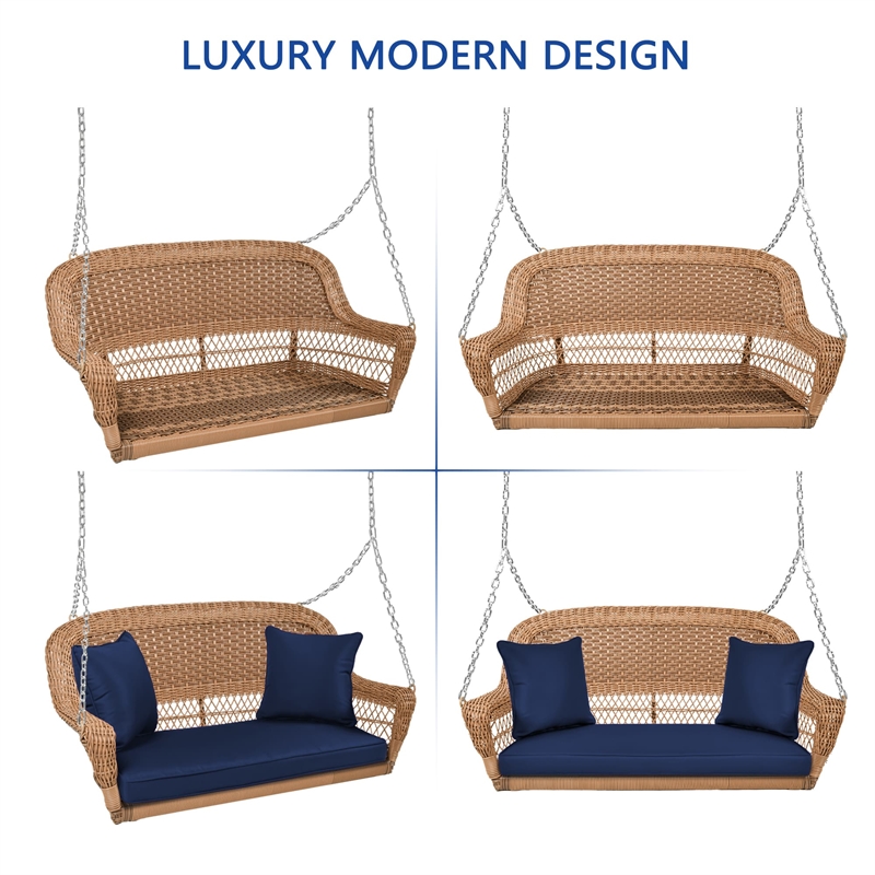 Jeco Honey Resin Wicker Hanging Porch Swing with Cushion in Blue