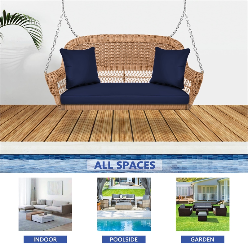 Jeco Honey Resin Wicker Hanging Porch Swing with Cushion in Blue