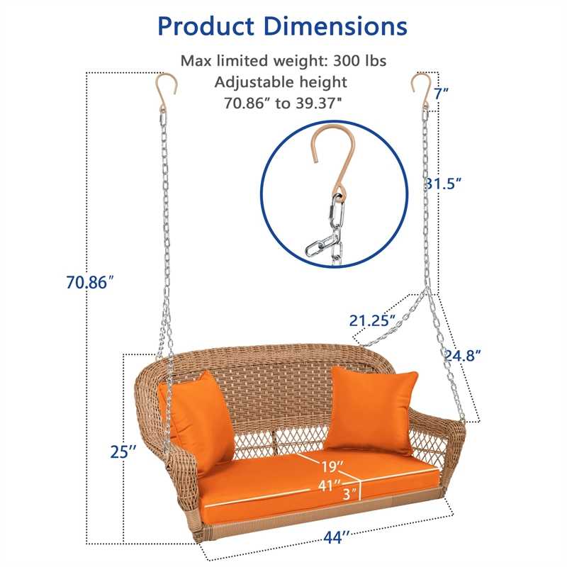 Jeco Honey Resin Wicker Hanging Porch Swing with Cushion in Orange