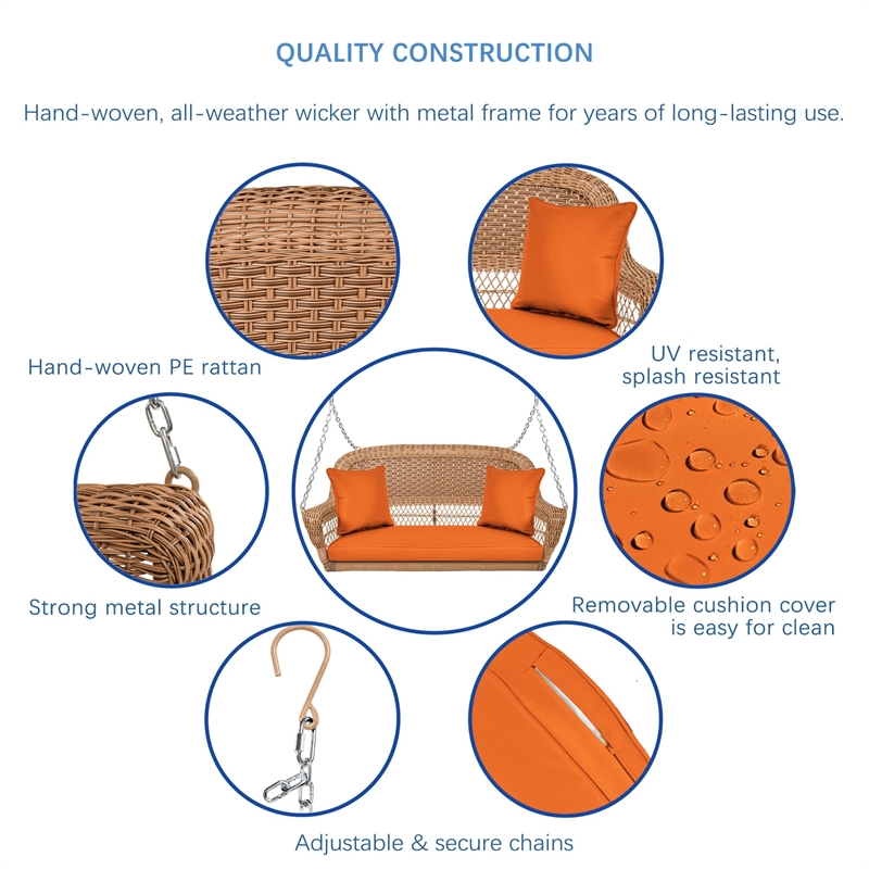 Jeco Honey Resin Wicker Hanging Porch Swing with Cushion in Orange
