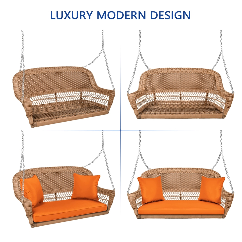 Jeco Honey Resin Wicker Hanging Porch Swing with Cushion in Orange